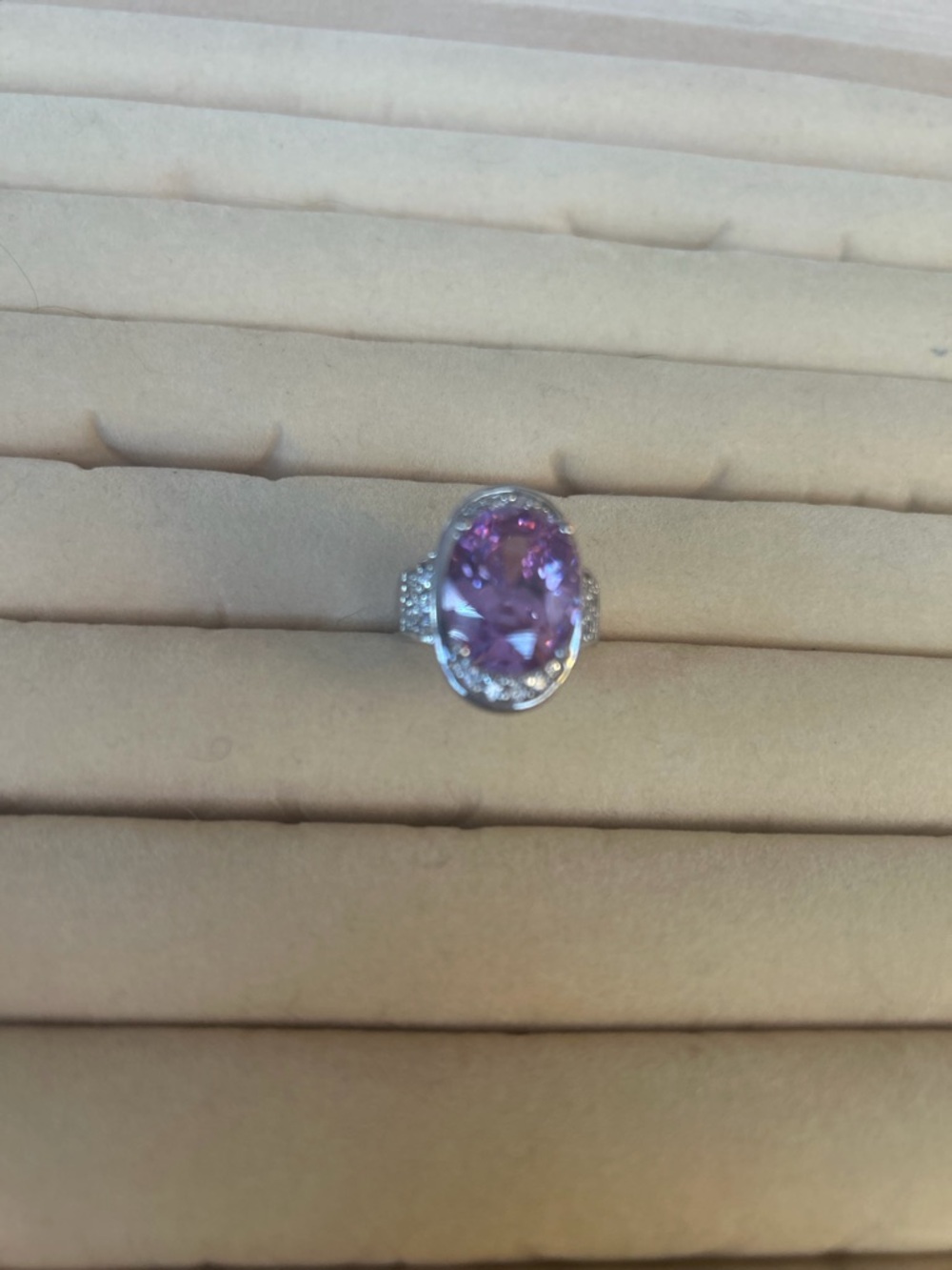 Sterling Silver Oval Lavender Gemstone Ring with Pavé Accents
